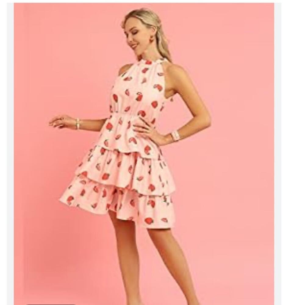 Belle Poque Pink Strawberry Print Tiered Mini Dress Halter Neck size Mediuim NWT